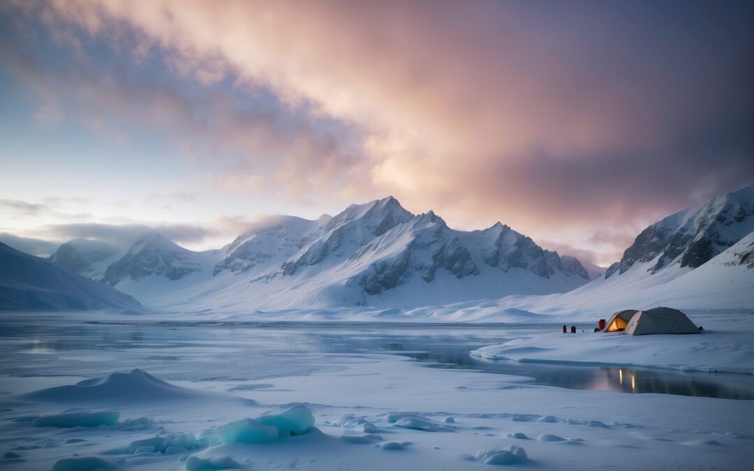 Six explorateurs vers le pôle sud géographique.