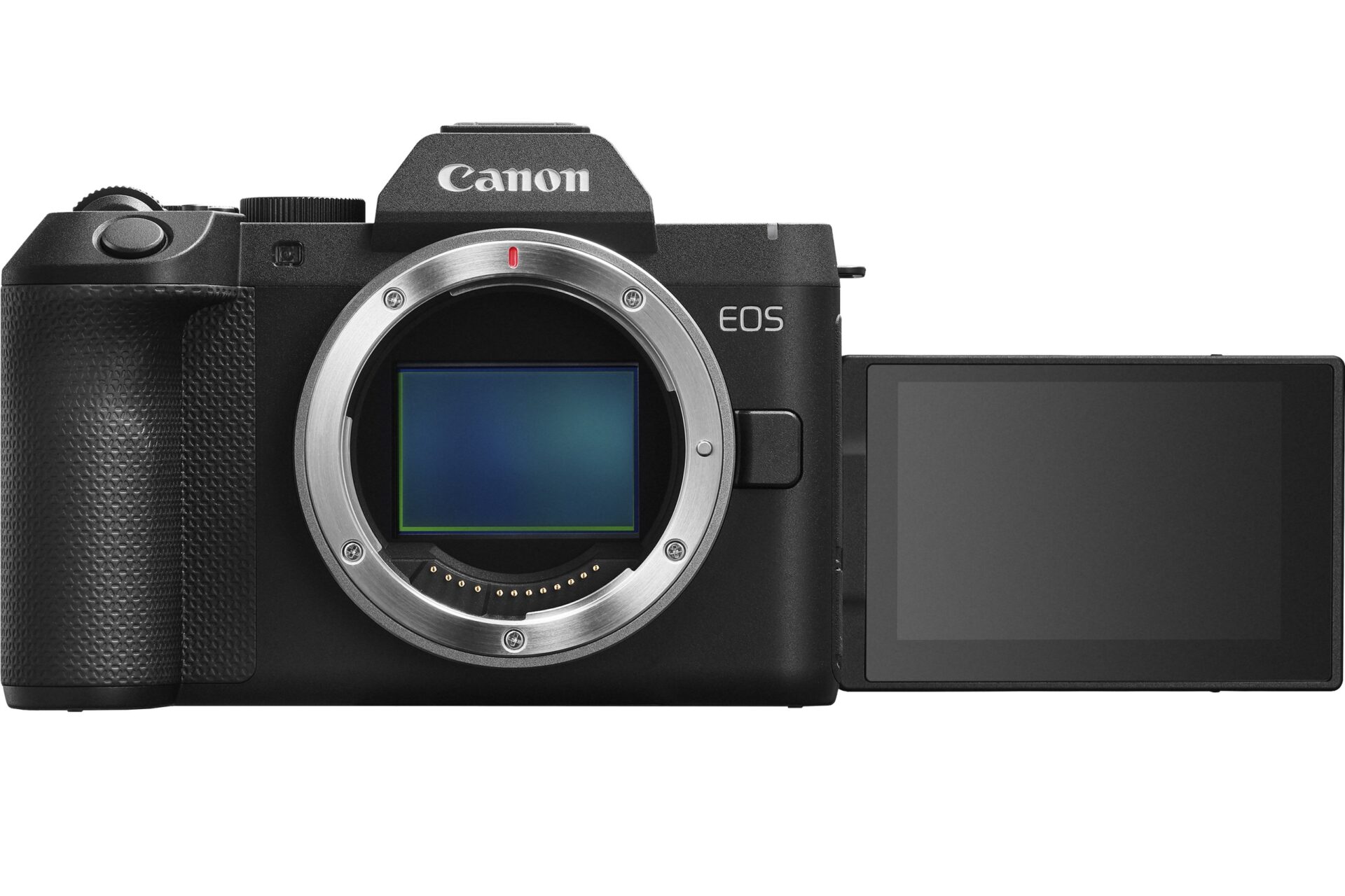 Canon EOS R8 Mark II de face, écran tactile orientable de 3 pouces déplié sur le côté