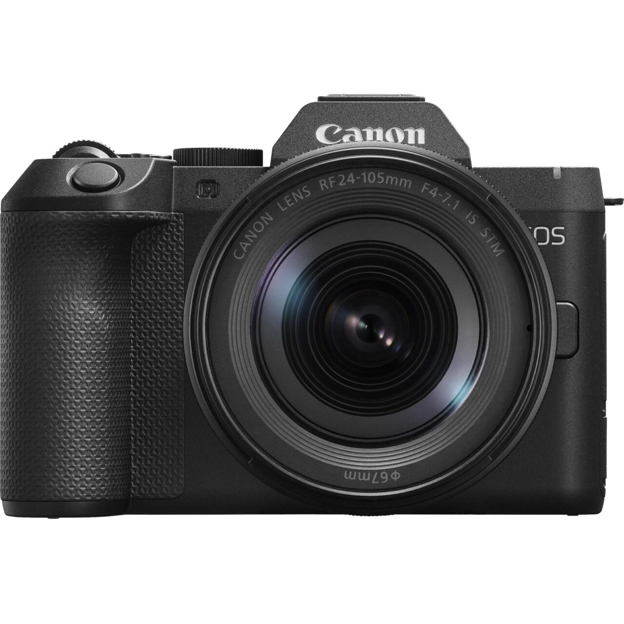 Canon EOS R8 Mark II vu de face avec un objectif zoom RF monté, sur fond blanc