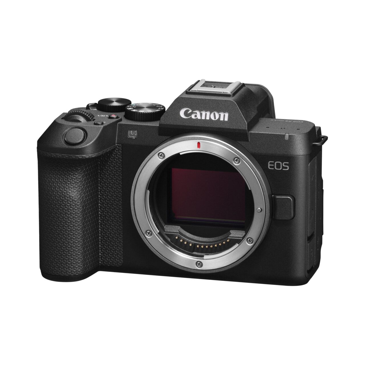 Boîtier nu du Canon EOS R8 Mark II vu de trois quarts, laissant voir la monture RF et le capteur plein format