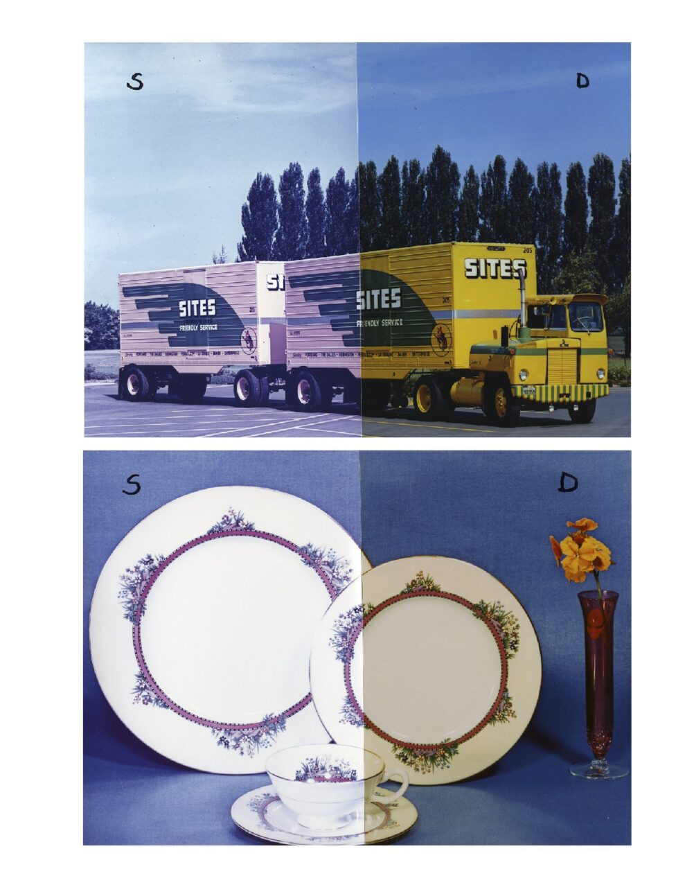 Tirages couleur Kodak dye-transfer des années 1950, moitié exposée au soleil et moitié protégée