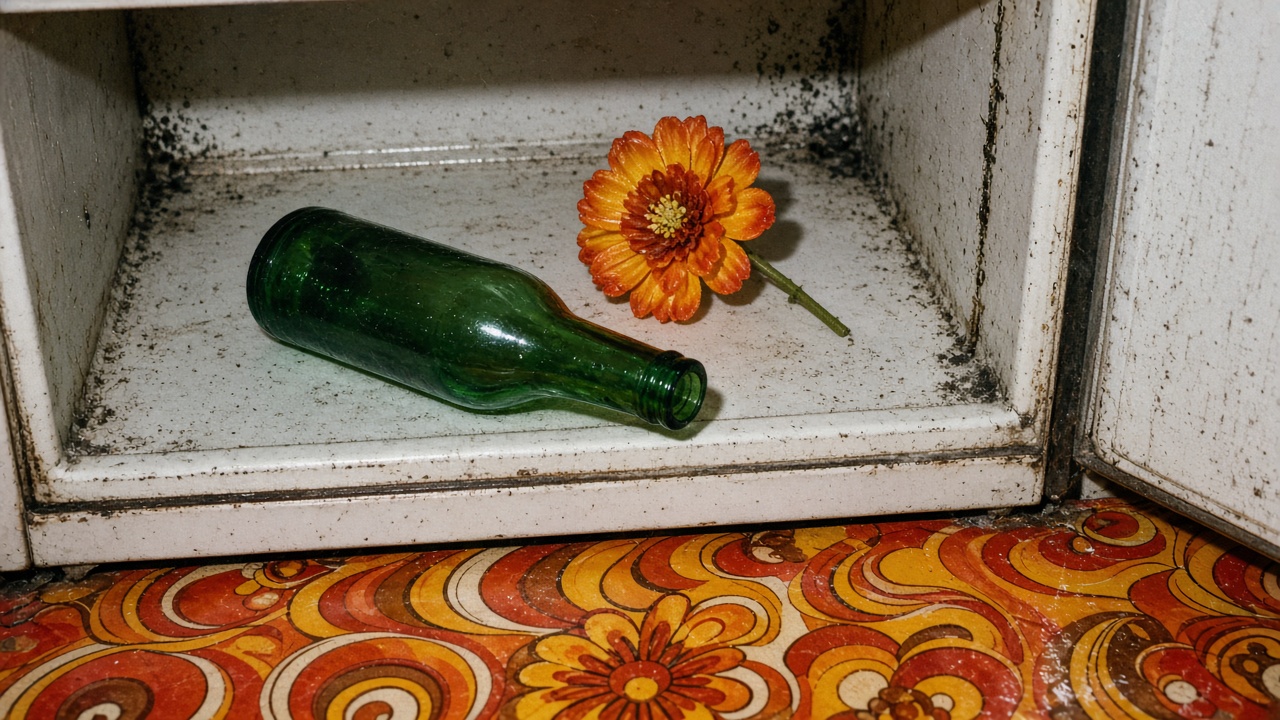 Bouteille en verre vert et fleur orange posées dans un vieux réfrigérateur ouvert, au-dessus d’un sol à motifs floraux orange