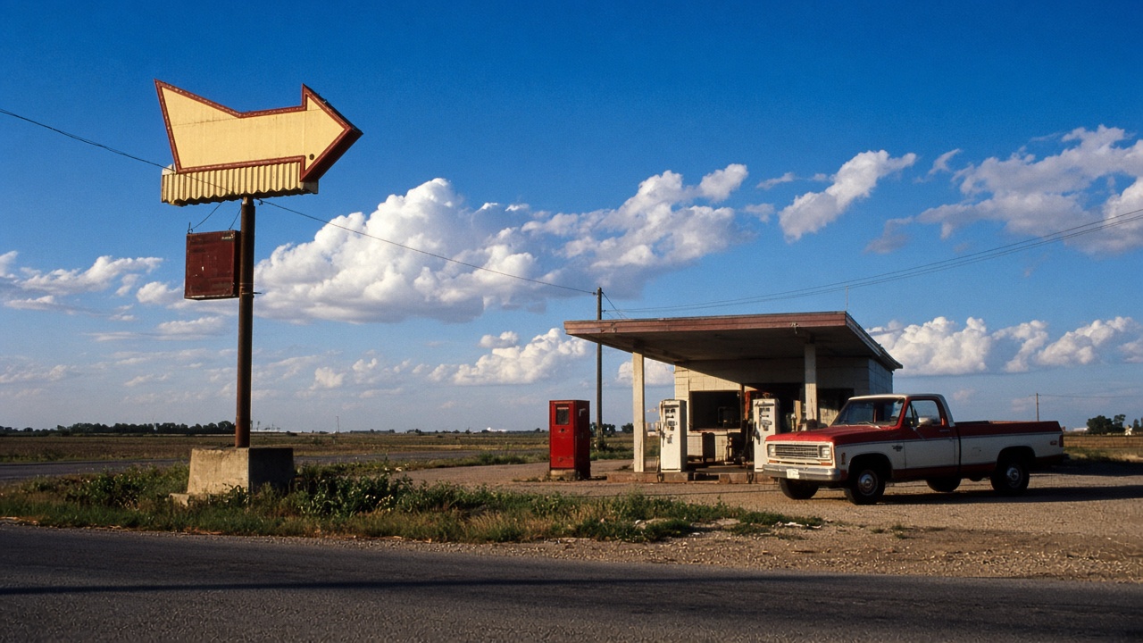 Petite station-service isolée au bord d’une route, avec une enseigne en forme de flèche, un pick-up rouge et un grand ciel bleu nuageux