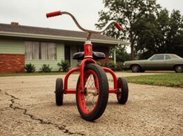 William Eggleston, l’homme qui a fait entrer la photographie couleur au musée Tricycle rouge photographié au ras du sol sur une allée en béton fissuré, devant une maison de banlieue américaine et une voiture ancienne