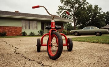 Tricycle rouge photographié au ras du sol sur une allée en béton fissuré, devant une maison de banlieue américaine et une voiture ancienne