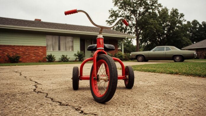 Tricycle rouge devant une maison de banlieue (image IA inspirée d’Eggleston) Tricycle rouge photographié au ras du sol sur une allée en béton fissuré, devant une maison de banlieue américaine et une voiture ancienne