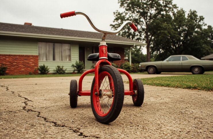 Tricycle rouge photographié au ras du sol sur une allée en béton fissuré, devant une maison de banlieue américaine et une voiture ancienne
